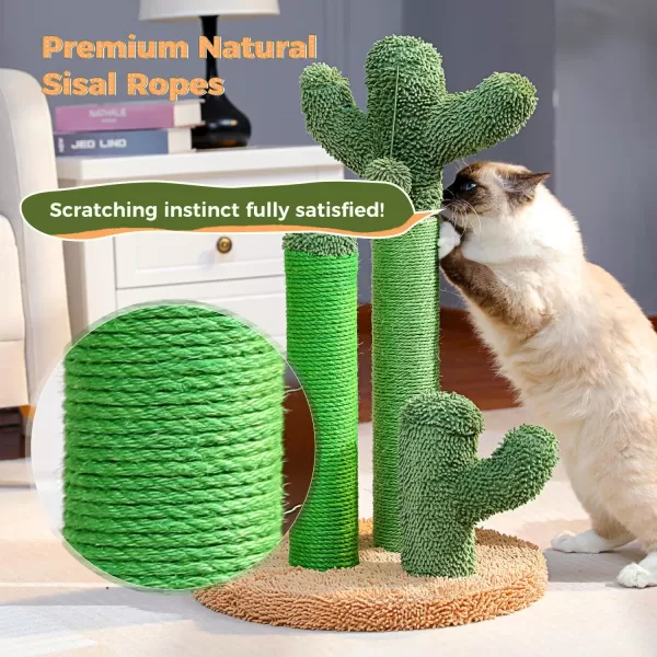 PAWZ Road Cat Scratching Post Cactus Cat Scratcher Featuring with 3 Scratching Poles and Interactive Dangling Ball Medium 23 InchesKhaki