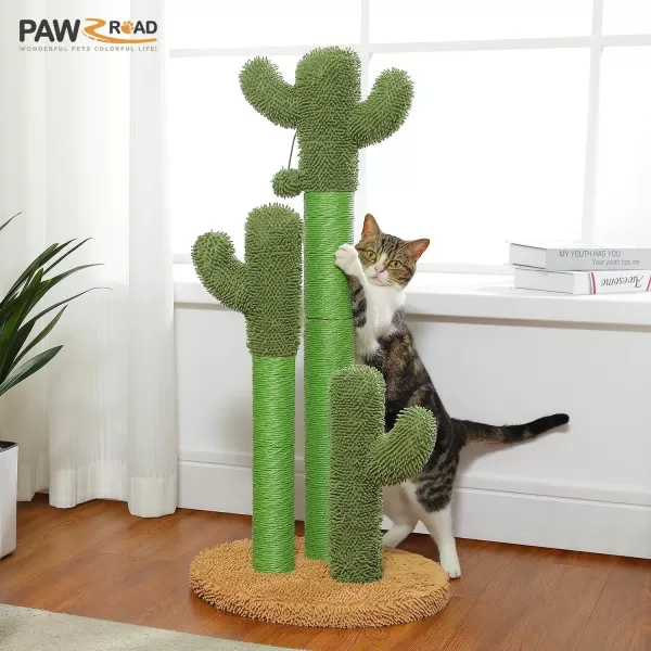 PAWZ Road Cat Scratching Post Cactus Cat Scratcher Featuring with 3 Scratching Poles and Interactive Dangling Ball Medium 23 InchesKhaki