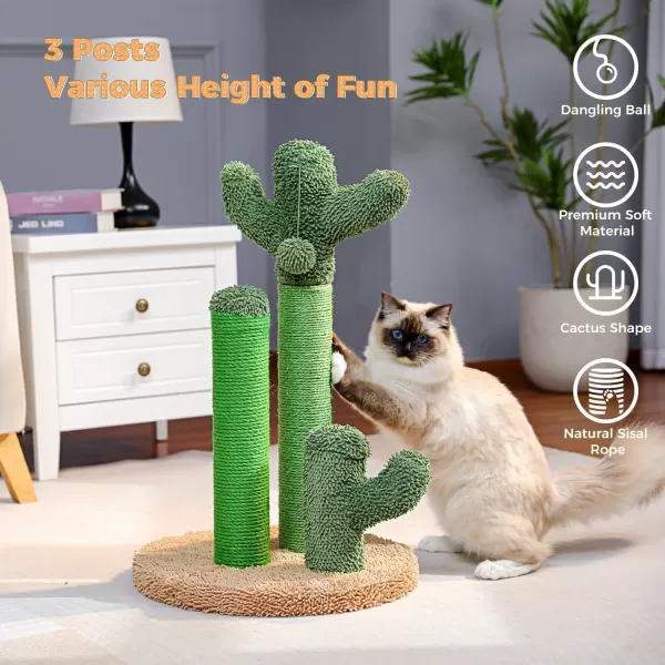 PAWZ Road Cat Scratching Post Cactus Cat Scratcher Featuring with 3 Scratching Poles and Interactive Dangling Ball Medium 23 InchesKhaki