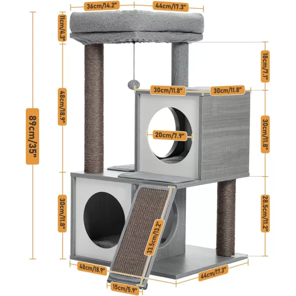 PAWZ Road Cat Tree 35 Inches Wooden Cat Tower with Double Condos Spacious Perch Fully Wrapped Scratching Sisal Posts and Replaceable Dangling BallsWalnutWooden Gray