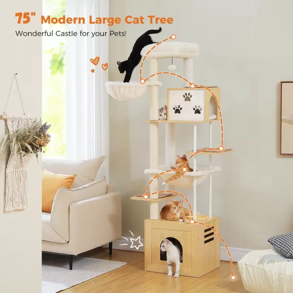 PAWZ Road Cat Tree 35 Inches Wooden Cat Tower with Double Condos Spacious Perch Fully Wrapped Scratching Sisal Posts and Replaceable Dangling BallsWalnutWooden Beige