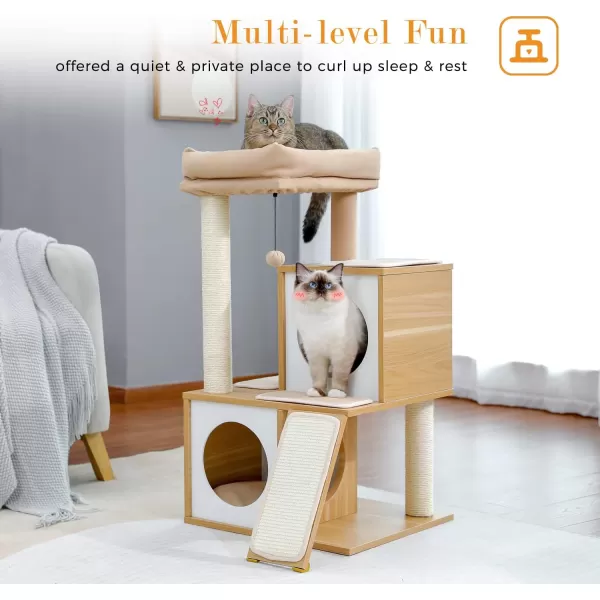 PAWZ Road Cat Tree 35 Inches Wooden Cat Tower with Double Condos Spacious Perch Fully Wrapped Scratching Sisal Posts and Replaceable Dangling BallsWalnutWooden Beige