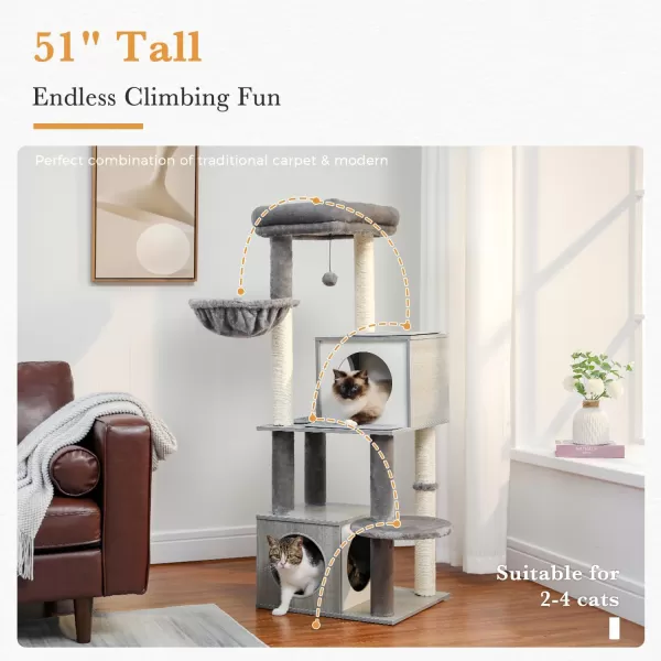 PAWZ Road Cat Tree 35 Inches Wooden Cat Tower with Double Condos Spacious Perch Fully Wrapped Scratching Sisal Posts and Replaceable Dangling BallsWalnutWooden Gray