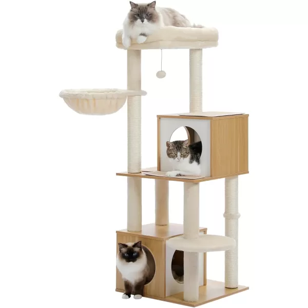 PAWZ Road Cat Tree 35 Inches Wooden Cat Tower with Double Condos Spacious Perch Fully Wrapped Scratching Sisal Posts and Replaceable Dangling BallsWalnutWooden Beige