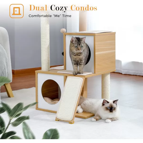 PAWZ Road Cat Tree 35 Inches Wooden Cat Tower with Double Condos Spacious Perch Fully Wrapped Scratching Sisal Posts and Replaceable Dangling BallsWalnutWooden Beige