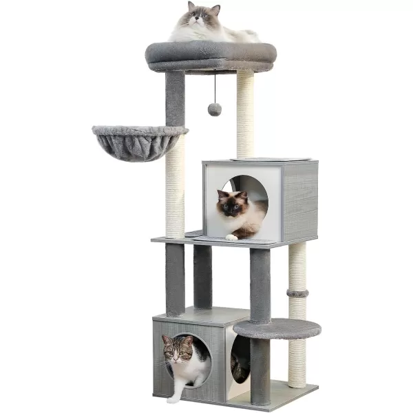 PAWZ Road Cat Tree 35 Inches Wooden Cat Tower with Double Condos Spacious Perch Fully Wrapped Scratching Sisal Posts and Replaceable Dangling BallsWalnutWooden Gray