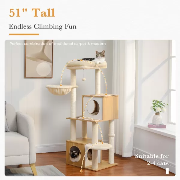 PAWZ Road Cat Tree 35 Inches Wooden Cat Tower with Double Condos Spacious Perch Fully Wrapped Scratching Sisal Posts and Replaceable Dangling BallsWalnutWooden Beige