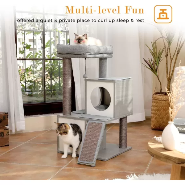 PAWZ Road Cat Tree 35 Inches Wooden Cat Tower with Double Condos Spacious Perch Fully Wrapped Scratching Sisal Posts and Replaceable Dangling BallsWalnutWooden Gray