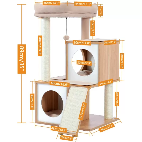 PAWZ Road Cat Tree 35 Inches Wooden Cat Tower with Double Condos Spacious Perch Fully Wrapped Scratching Sisal Posts and Replaceable Dangling BallsWalnutWooden Beige