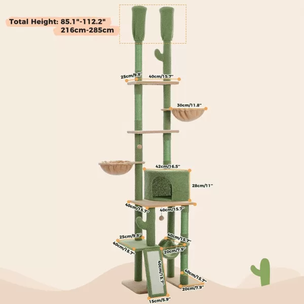 PAWZ Road Gothic Cat Tree Floor to Ceiling Cat Tower with Adjustable Height 868120 Inches 5 Tiers Black Cat Condo with Cozy Hammock Fully Scratching Posts and Dangling Balls for Indoor CatsGreen