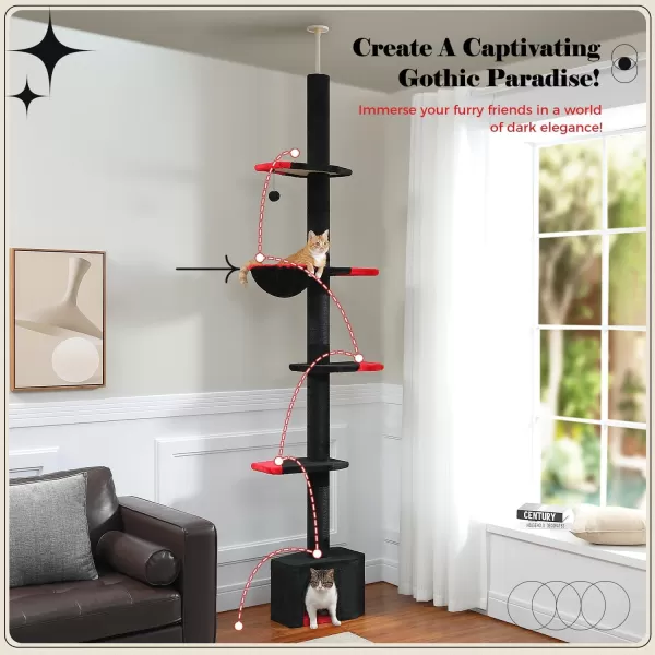 PAWZ Road Gothic Cat Tree Floor to Ceiling Cat Tower with Adjustable Height 868120 Inches 5 Tiers Black Cat Condo with Cozy Hammock Fully Scratching Posts and Dangling Balls for Indoor CatsBlack