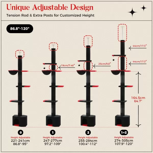 PAWZ Road Gothic Cat Tree Floor to Ceiling Cat Tower with Adjustable Height 868120 Inches 5 Tiers Black Cat Condo with Cozy Hammock Fully Scratching Posts and Dangling Balls for Indoor CatsBlack