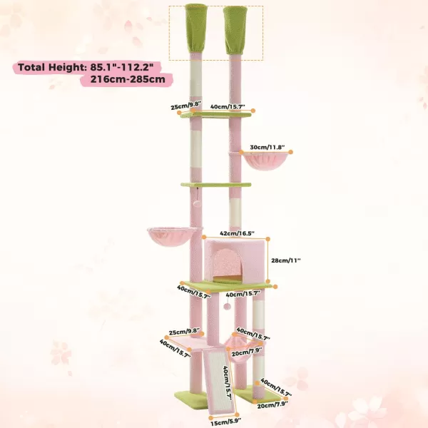 PAWZ Road Gothic Cat Tree Floor to Ceiling Cat Tower with Adjustable Height 868120 Inches 5 Tiers Black Cat Condo with Cozy Hammock Fully Scratching Posts and Dangling Balls for Indoor CatsPink