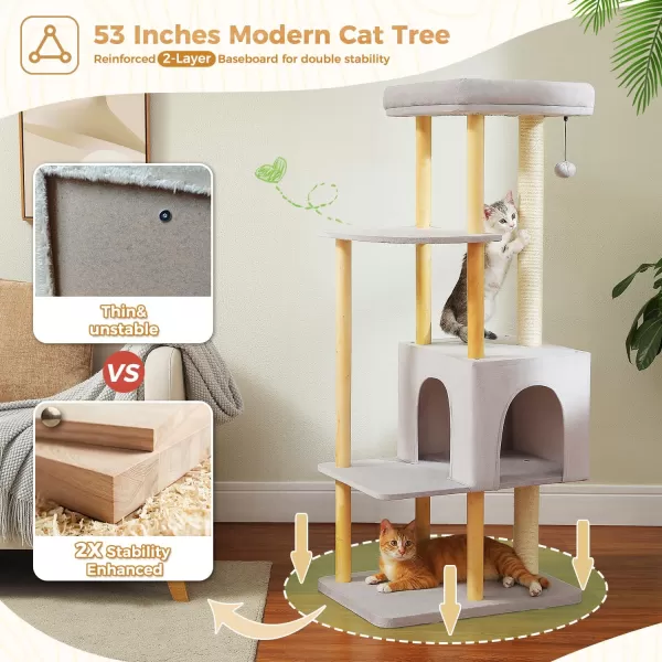 PAWZ Road Large Cat Tree 53 Inches Modern Wooden Cat Tower for Indoor Large Cats MultiLevel Cat Condos with Long Scratching Posts and Scraping ColumnsBeigeGray