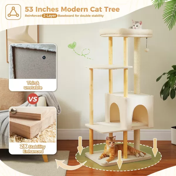 PAWZ Road Large Cat Tree 53 Inches Modern Wooden Cat Tower for Indoor Large Cats MultiLevel Cat Condos with Long Scratching Posts and Scraping ColumnsBeigeBeige