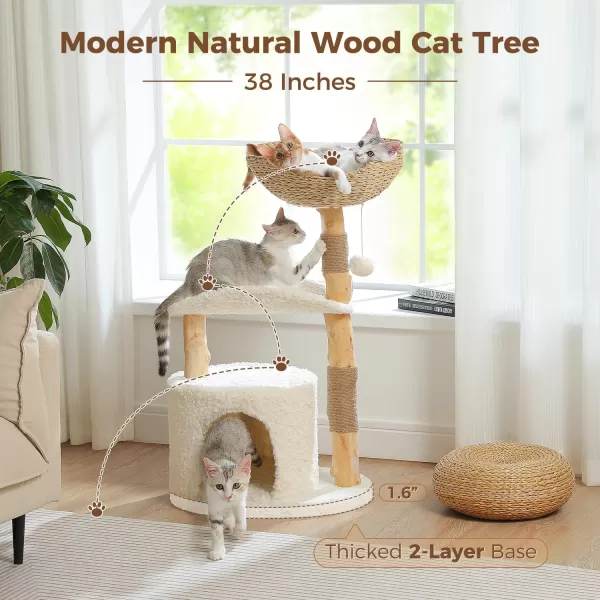 PAWZ Road Modern Cat Tree for Large CatsNatural Wood Cat Tower with Large Wicker Basket Spacious Condo and Curved Platform Aesthetic Cat Tree House for Indoor Cats WhiteCurved Perch