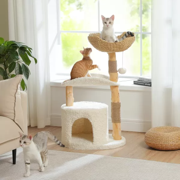 PAWZ Road Modern Cat Tree for Large CatsNatural Wood Cat Tower with Large Wicker Basket Spacious Condo and Curved Platform Aesthetic Cat Tree House for Indoor Cats WhiteCurved Perch