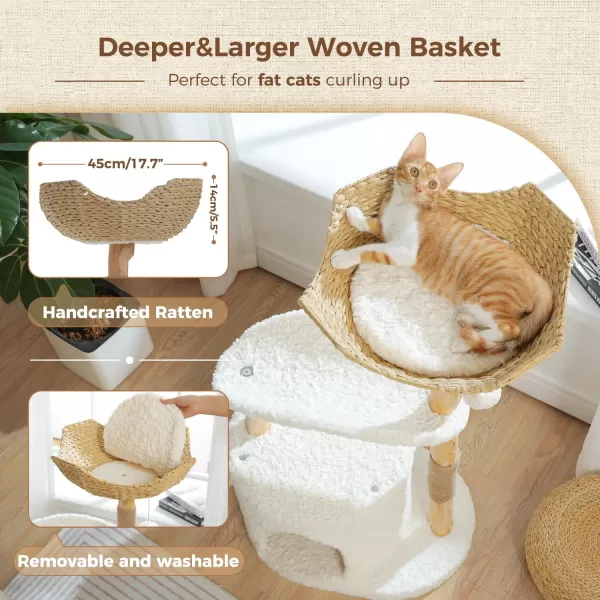 PAWZ Road Modern Cat Tree for Large CatsNatural Wood Cat Tower with Large Wicker Basket Spacious Condo and Curved Platform Aesthetic Cat Tree House for Indoor Cats WhiteCurved Perch