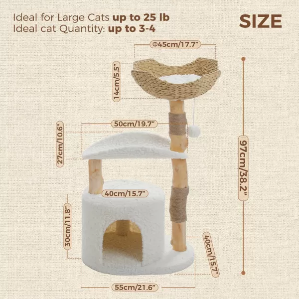 PAWZ Road Modern Cat Tree for Large CatsNatural Wood Cat Tower with Large Wicker Basket Spacious Condo and Curved Platform Aesthetic Cat Tree House for Indoor Cats WhiteCurved Perch