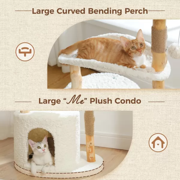 PAWZ Road Modern Cat Tree for Large CatsNatural Wood Cat Tower with Large Wicker Basket Spacious Condo and Curved Platform Aesthetic Cat Tree House for Indoor Cats WhiteCurved Perch