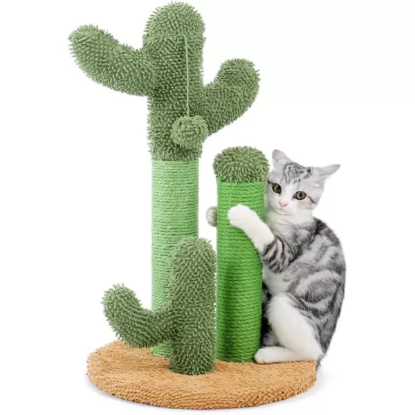 PAWZ Road Cat Scratching Post Cactus Cat Scratcher Featuring with 3 Scratching Poles and Interactive Dangling Ball Medium 23 InchesKhaki