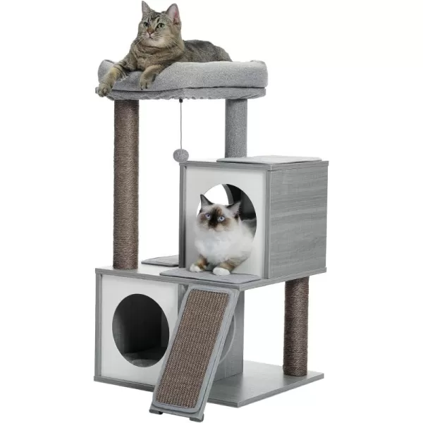 PAWZ Road Cat Tree 35 Inches Wooden Cat Tower with Double Condos Spacious Perch Fully Wrapped Scratching Sisal Posts and Replaceable Dangling BallsWalnutWooden Gray