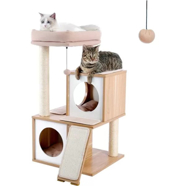 PAWZ Road Cat Tree 35 Inches Wooden Cat Tower with Double Condos Spacious Perch Fully Wrapped Scratching Sisal Posts and Replaceable Dangling BallsWalnutWooden Beige