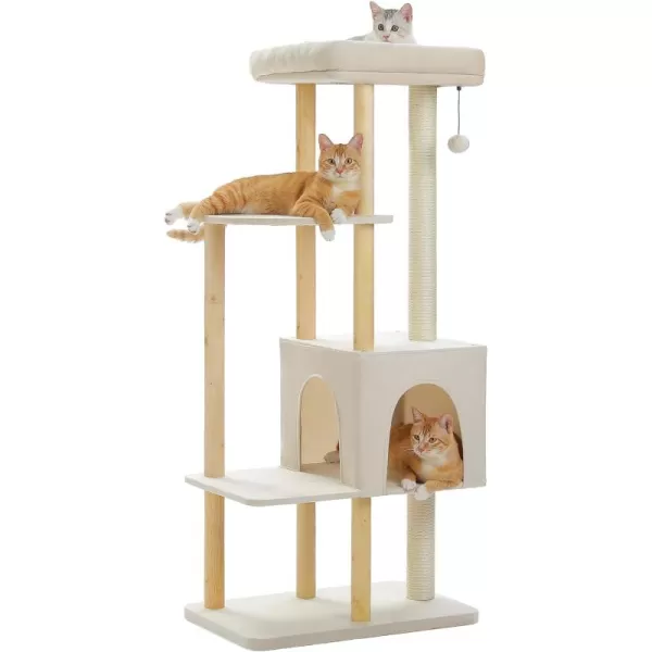 PAWZ Road Large Cat Tree 53 Inches Modern Wooden Cat Tower for Indoor Large Cats MultiLevel Cat Condos with Long Scratching Posts and Scraping ColumnsBeigeBeige