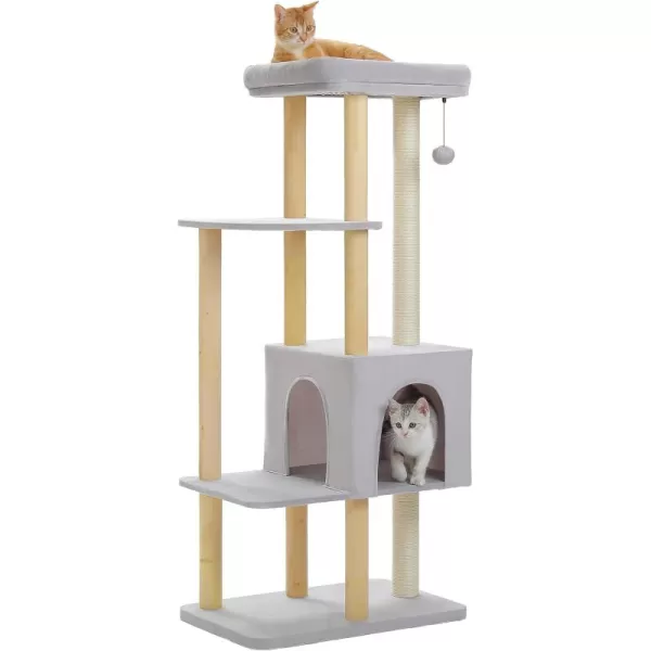 PAWZ Road Large Cat Tree 53 Inches Modern Wooden Cat Tower for Indoor Large Cats MultiLevel Cat Condos with Long Scratching Posts and Scraping ColumnsBeigeGray