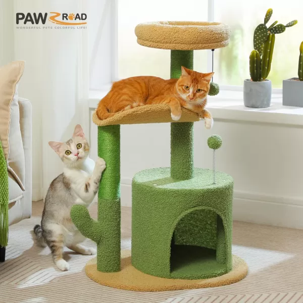 PAWZ Road Cactus Cat Tree 32 Inches Small Cat Tower with Sisal Covered Scratching Post Cozy Condo Plush Perches and Fluffy Balls for Indoor CatsCactus Green