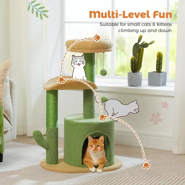 PAWZ Road Cactus Cat Tree 32 Inches Small Cat Tower with Sisal Covered Scratching Post Cozy Condo Plush Perches and Fluffy Balls for Indoor CatsCactus Green