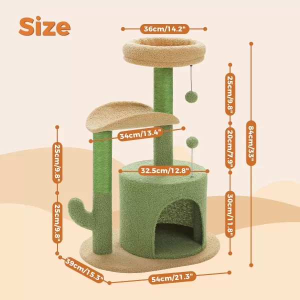 PAWZ Road Cactus Cat Tree 32 Inches Small Cat Tower with Sisal Covered Scratching Post Cozy Condo Plush Perches and Fluffy Balls for Indoor CatsCactus Green