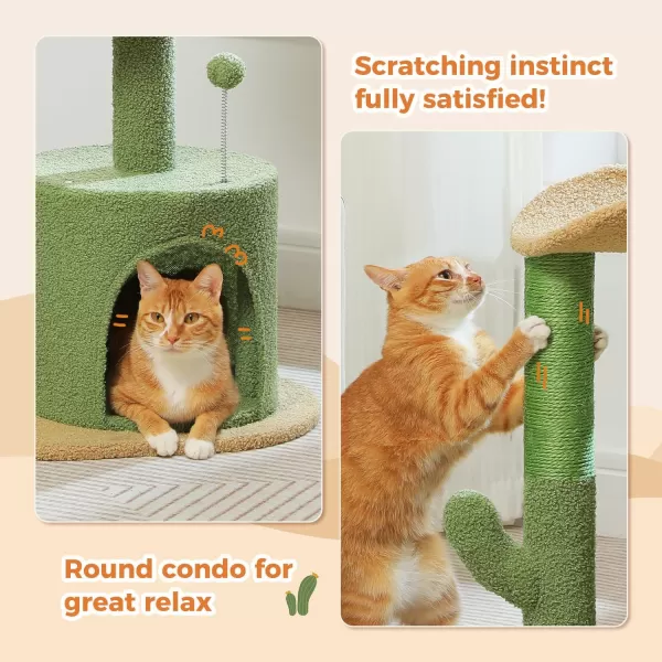 PAWZ Road Cactus Cat Tree 32 Inches Small Cat Tower with Sisal Covered Scratching Post Cozy Condo Plush Perches and Fluffy Balls for Indoor CatsCactus Green