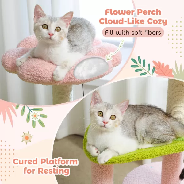 PAWZ Road Cactus Cat Tree 32 Inches Small Cat Tower with Sisal Covered Scratching Post Cozy Condo Plush Perches and Fluffy Balls for Indoor CatsPink