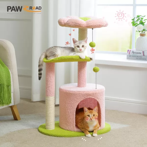 PAWZ Road Cactus Cat Tree 32 Inches Small Cat Tower with Sisal Covered Scratching Post Cozy Condo Plush Perches and Fluffy Balls for Indoor CatsPink