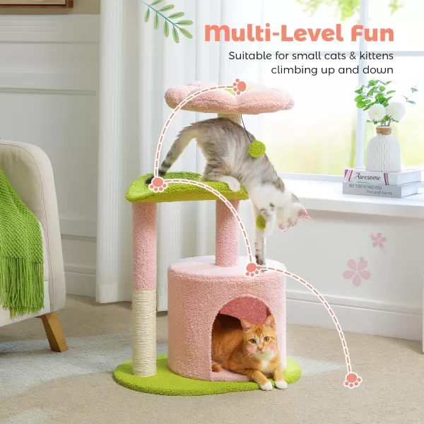 PAWZ Road Cactus Cat Tree 32 Inches Small Cat Tower with Sisal Covered Scratching Post Cozy Condo Plush Perches and Fluffy Balls for Indoor CatsPink