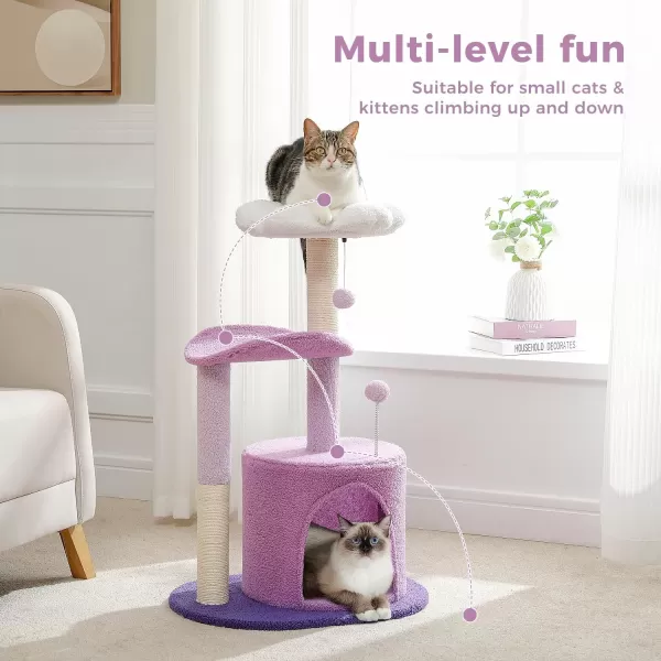 PAWZ Road Cactus Cat Tree 32 Inches Small Cat Tower with Sisal Covered Scratching Post Cozy Condo Plush Perches and Fluffy Balls for Indoor CatsPurple