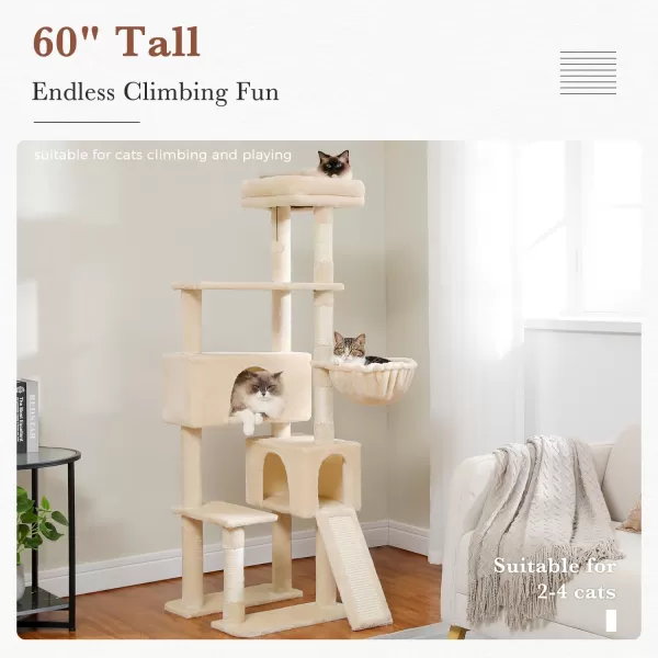 PAWZ Road Cat Tree 60 Inches Cat Tower with Dual Condos Spacious Perch Cozy Basket and Scratching Posts for Indoor CatsBeige