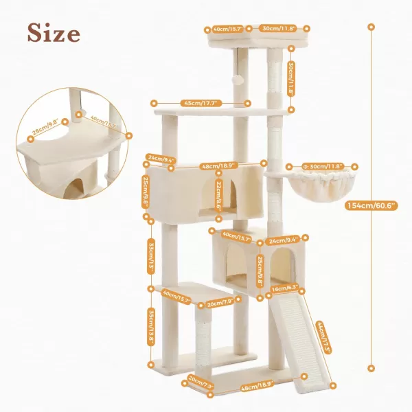 PAWZ Road Cat Tree 60 Inches Cat Tower with Dual Condos Spacious Perch Cozy Basket and Scratching Posts for Indoor CatsBeige