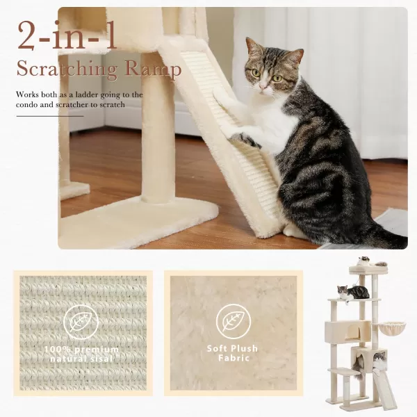 PAWZ Road Cat Tree 60 Inches Cat Tower with Dual Condos Spacious Perch Cozy Basket and Scratching Posts for Indoor CatsBeige