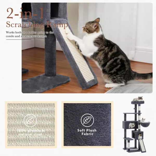 PAWZ Road Cat Tree 60 Inches Cat Tower with Dual Condos Spacious Perch Cozy Basket and Scratching Posts for Indoor CatsDark Gray