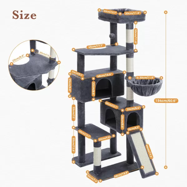 PAWZ Road Cat Tree 60 Inches Cat Tower with Dual Condos Spacious Perch Cozy Basket and Scratching Posts for Indoor CatsDark Gray