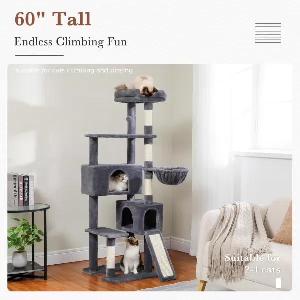 PAWZ Road Cat Tree 60 Inches Cat Tower with Dual Condos Spacious Perch Cozy Basket and Scratching Posts for Indoor CatsDark Gray