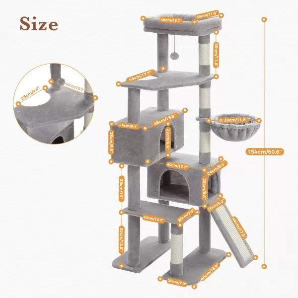 PAWZ Road Cat Tree 60 Inches Cat Tower with Dual Condos Spacious Perch Cozy Basket and Scratching Posts for Indoor CatsGray