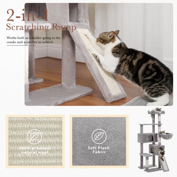 PAWZ Road Cat Tree 60 Inches Cat Tower with Dual Condos Spacious Perch Cozy Basket and Scratching Posts for Indoor CatsGray