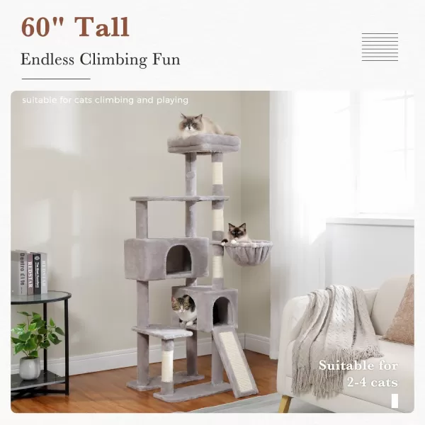 PAWZ Road Cat Tree 60 Inches Cat Tower with Dual Condos Spacious Perch Cozy Basket and Scratching Posts for Indoor CatsGray