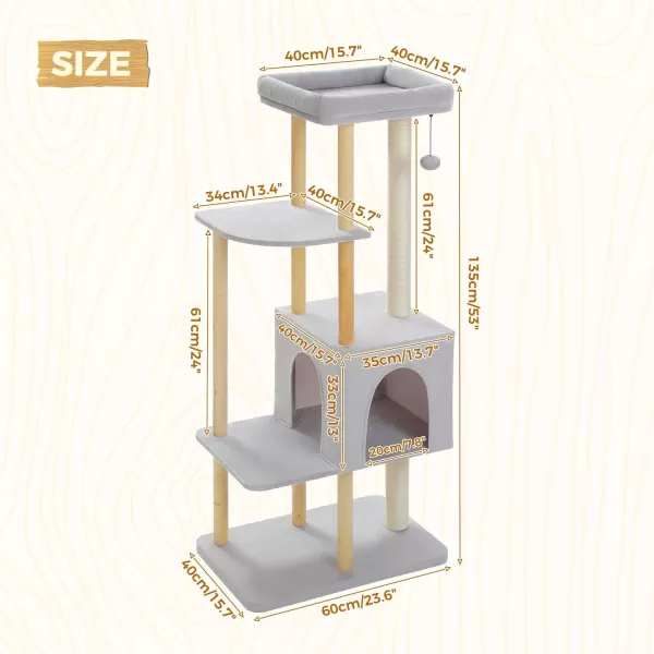 PAWZ Road Cat Tree 60 Inches Cat Tower with Dual Condos Spacious Perch Cozy Basket and Scratching Posts for Indoor CatsWooden Gray