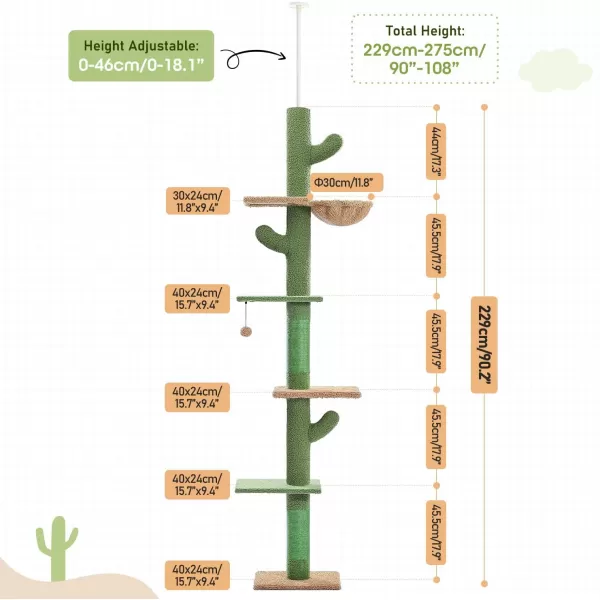 PAWZ Road Cat Tree Cactus Floor to Ceiling Cat Tower with Adjustable Height95108 Inches 5 Level Cat Climbing Tower with Cozy Hammock Platforms and Dangling Balls for Indoor Cats