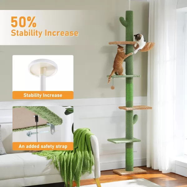 PAWZ Road Cat Tree Cactus Floor to Ceiling Cat Tower with Adjustable Height95108 Inches 5 Level Cat Climbing Tower with Cozy Hammock Platforms and Dangling Balls for Indoor Cats