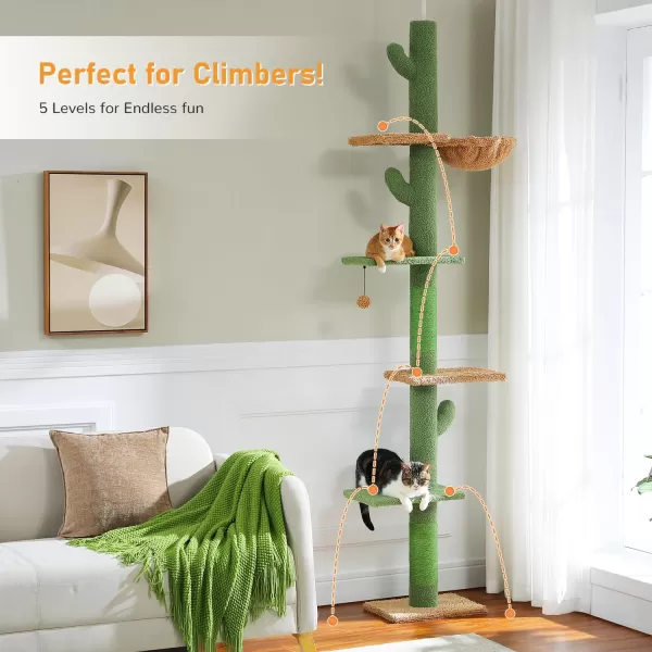 PAWZ Road Cat Tree Cactus Floor to Ceiling Cat Tower with Adjustable Height95108 Inches 5 Level Cat Climbing Tower with Cozy Hammock Platforms and Dangling Balls for Indoor Cats